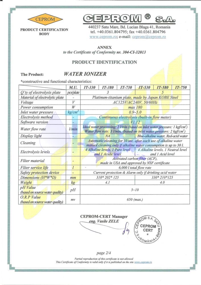 ionizer water certificate